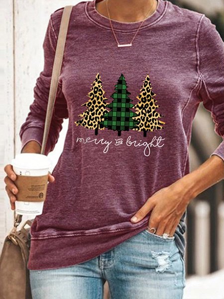 

Merry And Bright Christmas Tree Print Round Neck Slim Casual Sweatshirt, Purple, Hoodies&Sweatshirts