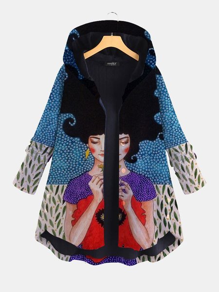 

Casual Cotton-Blend Printed Hoodie Jacket, Blue, Coats