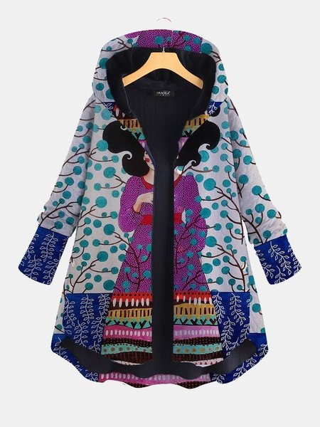 

Art Print Hoodie Cotton-Blend Casual Long Sleeve Jacket, Blue, Coats