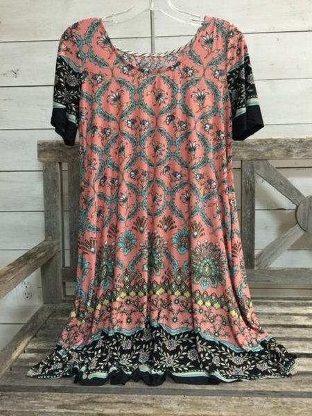 

Casual Short Sleeve Round Neck Plus Size Printed Tops, Pink, Auto-Clearance