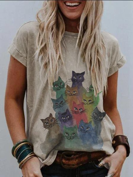 Women Simple Printed Khaki Crew Neck T-shirts, T-Shirts