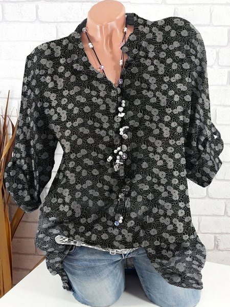 

Black Floral Casual Shirt Collar Blouse, Shirts & Blouses