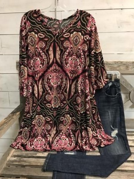 

Casual 3/4 Sleeve V Neck Plus Size Printed Tops, Pink, Blouses
