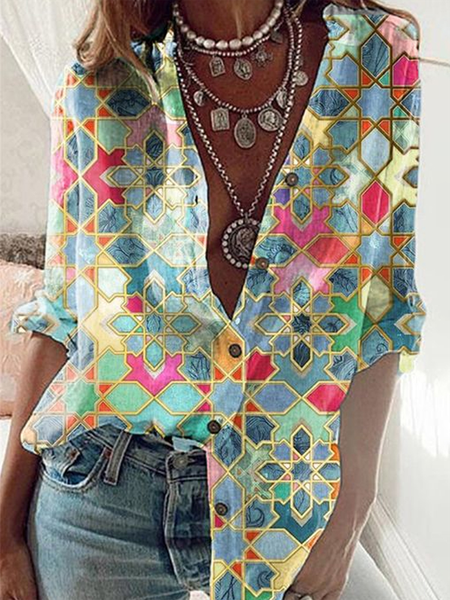 

Green Shirt Collar Geometric Long Sleeve Floral-Print Blouse, Shirts & Blouses