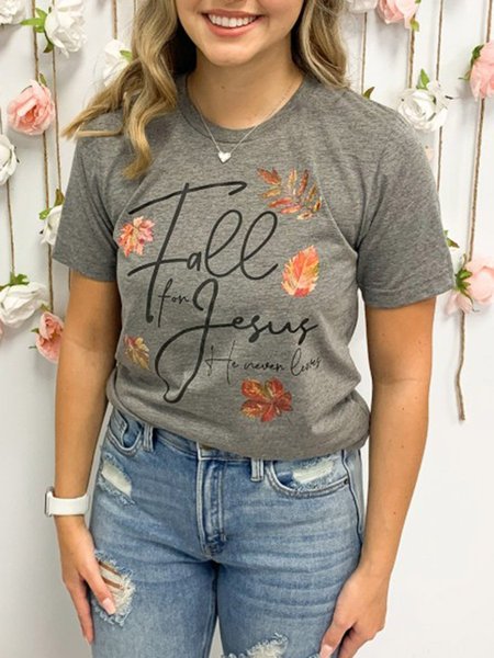 

Fall For Jesus Maple Leaf Letter Print Crew Neck Casual T-shirt, Gray, T-shirts