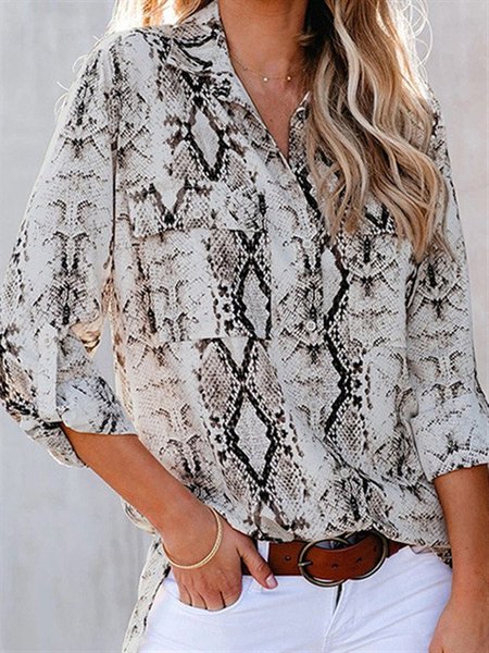 

Long Sleeve Shift Casual Shirt Collar Blouse, Snakeskin, Shirts & Blouses