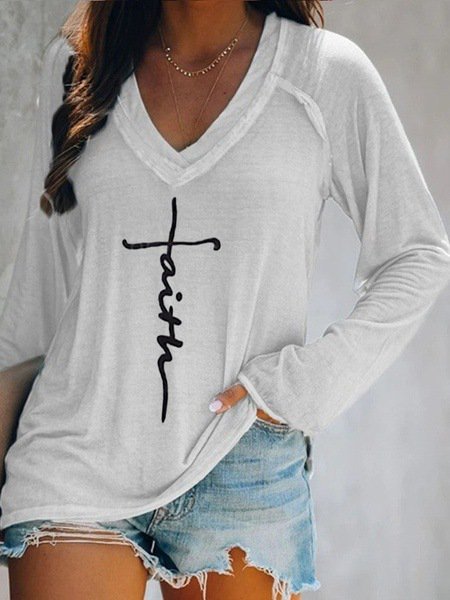 

V Neck Cotton Shift Basic Shirts & Tops, White, Hoodies&Sweatshirts