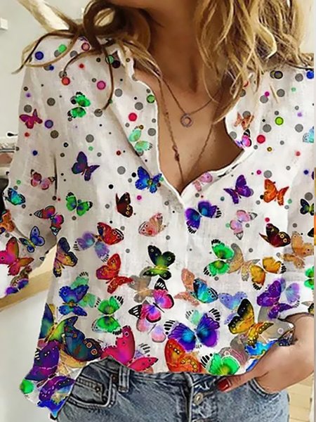 

White Butterfly Long Sleeve Shirt Collar Blouse, Shirts & Blouses