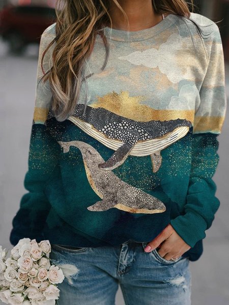 

Ladies Mountain Whale Print Crew Neck Casual Sweatshirt, Green, Tops