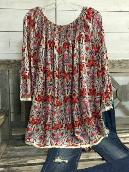 

Casuale Maniche Lunghe Girocollo Taglia Grande Stampato Top, Rosso, Blouses & Shirts