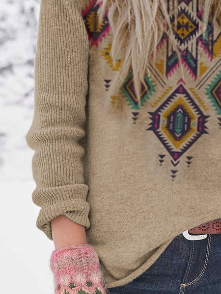 Khaki Casual Floral-Print Sweater, Sweaters