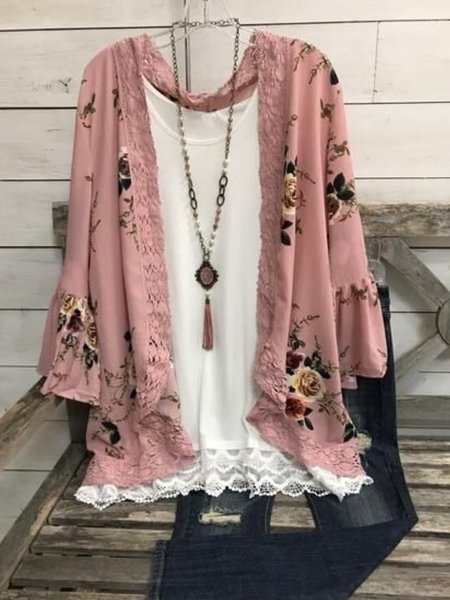 

Casual Long Sleeve Plus Size Printed Outerwear, Pink, Cardigans