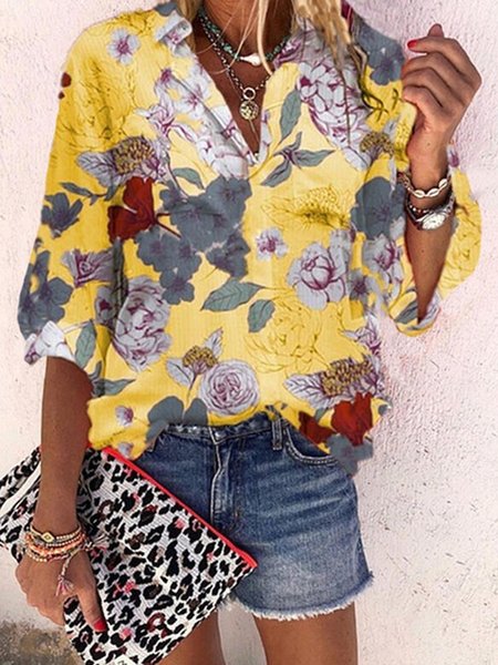 

Shirt Collar Casual Floral-Print Floral Blouse, Yellow, Shirts & Blouses