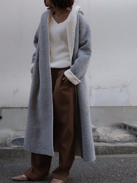 

Hoodie Long Sleeve Wool Blend Plain Jacket, Gray, Cardigans