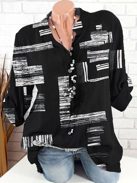 Black Long Sleeve Geometric Shirt Collar Blouse, Shirts & Blouses
