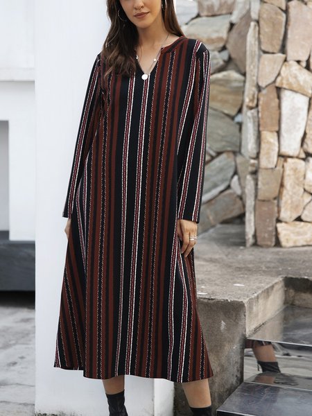 

Brown Long Sleeve Paneled Striped Cotton-Blend Knitting Dress, Auto-Clearance