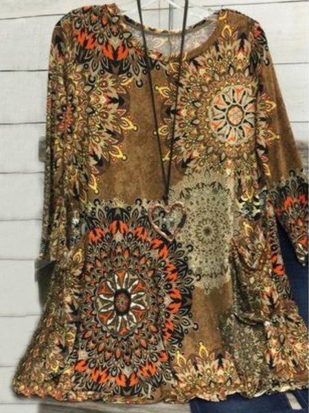 

Casuale Maniche Lunghe Girocollo Stampato Top, Cachi, Blouses & Shirts