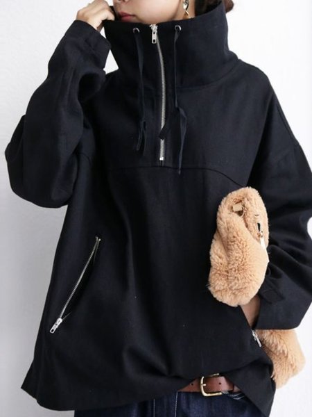 

Black Cotton Casual Zipper Sweatshirt, Hoodies&Sweatshirts