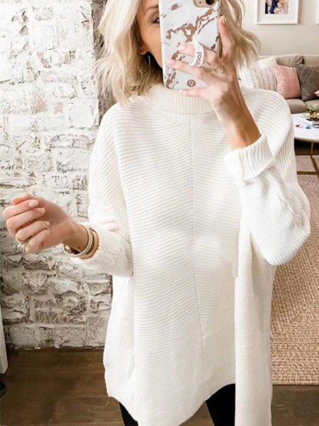 

Turtleneck Long Sleeve Casual Sweater, White, Sweaters
