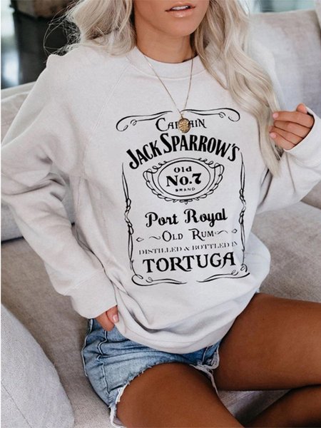 

Jack Sparrow's Letters Print Round Neck Loose Casual Sweatshirt, White, Hoodies&Sweatshirts