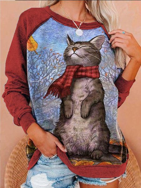 Gray Long Sleeve CAT Print Sweatshirt, Wine red, Hoodies & Sweatshirts