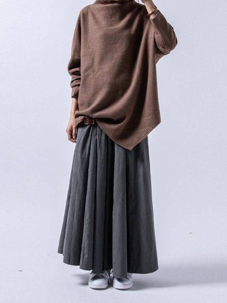 

Jersey Stand Collar Plain Holiday Tops, Coffee, Long sleeve tops