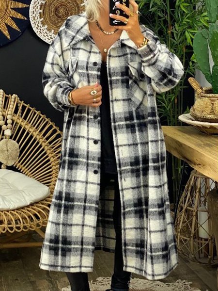 

White-Black Plaid Long Sleeve Shirt Collar Jacket, Coats