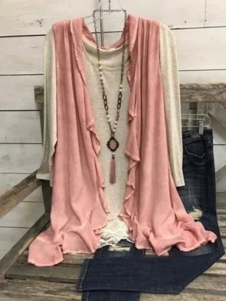 

Casual Sleeveless Plus Size Outwear, Pink, Long sleeve tops