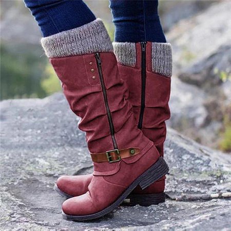 

Daily Leather Low Heel Boots, Red, Boots