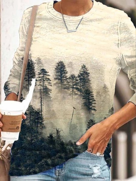 

Crew Neck Abstract Cotton-Blend Vintage Tops, Apricot, Blouses & Shirts