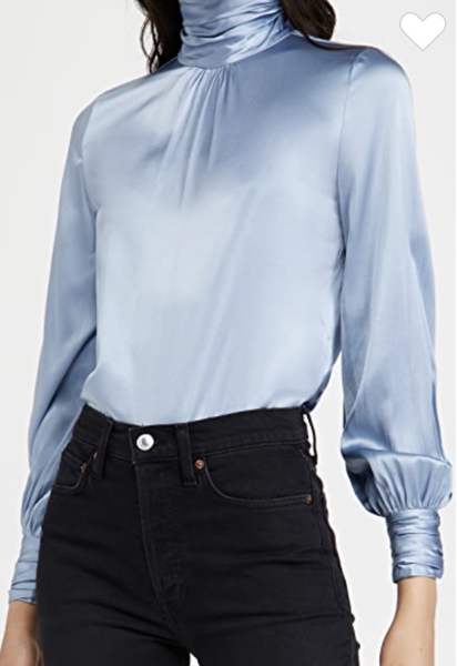 

Turtleneck Long Sleeve Satin Tops, Blue, Tops