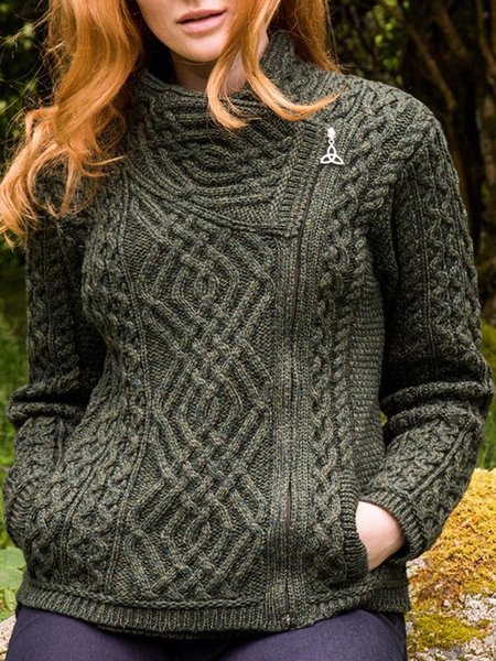 

Green Long Sleeve Shift Cotton-Blend Jacquard Sweater, Sweaters
