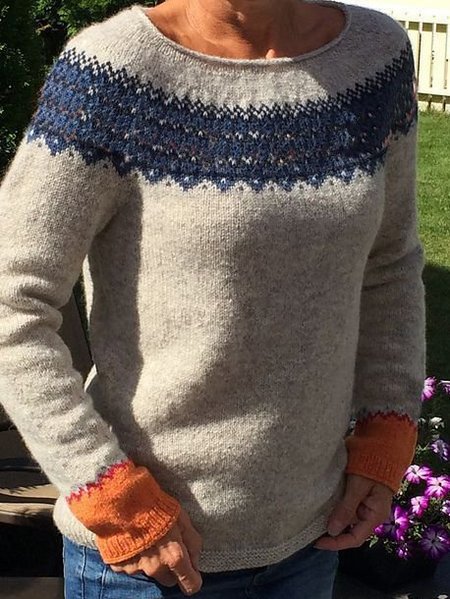 

Cotton-Blend Printed Crew Neck Long Sleeve Sweater, Gray, Sweaters