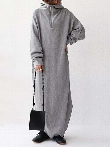 

Grigio Cerniera Casuale Colore Solido Felpa & Felpe Abito, Maxi Dresses