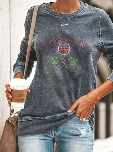 Christmas Wine Glass Black Long Sleeve Crew Neck Sweater, Gray, Hoodies&Sweatshirts
