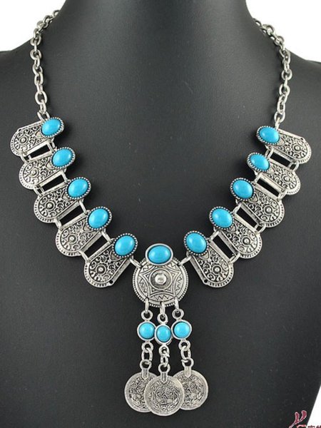

European and American retro style ancient coin tassel gem short necklace sweater chain retro ethnic style pendant chain accessories, Blue, Necklaces