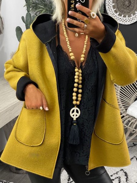 

Yellow Pockets Hoodie Long Sleeve Knit coat, Coats
