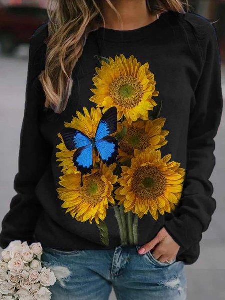 

Vintage Maniche Lunghe Girocollo Statement Girasole Stampato Casuale Top, Nero, Hoodies & Sweatshirts