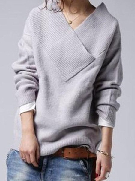 

Basic V Neck Solid Knitted Sweater, Light gray, Sweaters