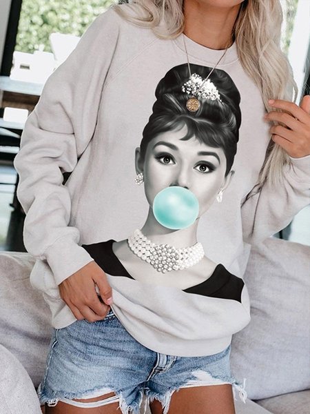 

Audrey Hepburn Eats Bubble Gum Abstract Printed Round Neck Loose Sweatshirt, White, Hoodies&Sweatshirts