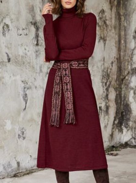 

Turtleneck Burgundy A-Line Solid Midi Dress(Belt excluded), Midi Dresses