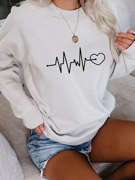 ECG Heart Print Round Neck Casual Loose Sweatshirts, White, Hoodies&Sweatshirts