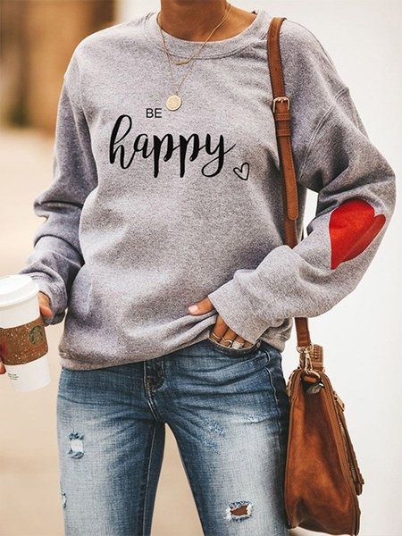 

Be Happy ❤ Print Round Neck Casual Loose Sweatshirt, Gray, Hoodies & Sweatshirts