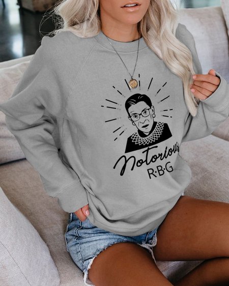 

Print Round Neck Casual Loose Sweatshirt, Gray, Hoodies&Sweatshirts