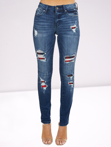 

British Plaid Stitching Ripped Skinny Denim Trousers, Dark_blue, Jeans