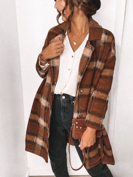 

Brown Checkered/plaid Long Sleeve Jacket, Coats