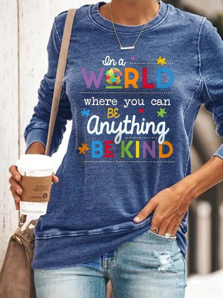 

Print Round Neck Casual Loose Sweatshirt, Blue, Hoodies&Sweatshirts