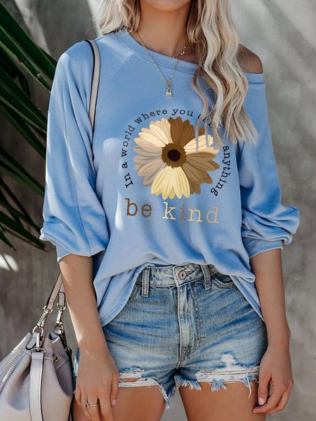 

Print Round Neck Casual Loose Sweatshirt, Blue, Hoodies&Sweatshirts