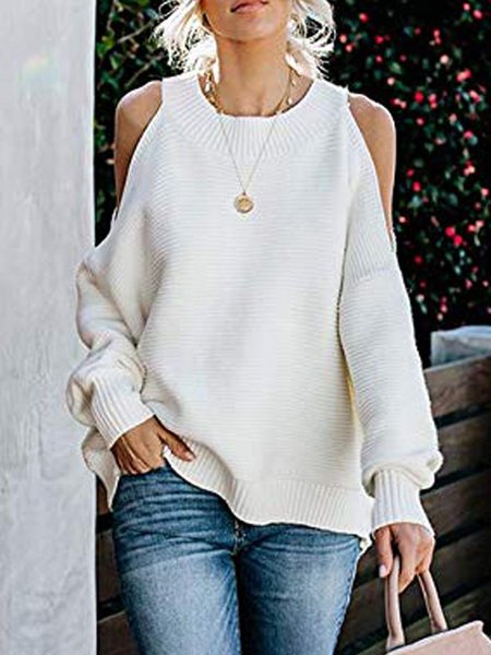 

Cold Shoulder Long Sleeve Sweater, White, Sweaters