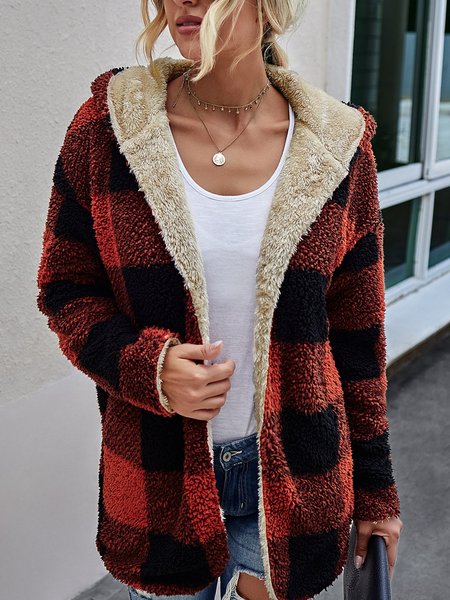 

Pockets Checkered/plaid Casual Outwear, Red, Auto-Clearance